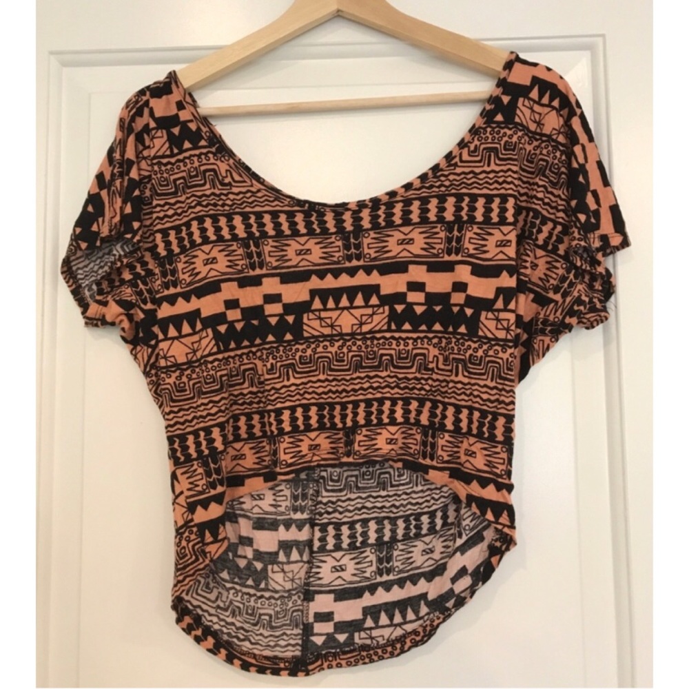 Aztec Print Orange Black Geo Crop Short Sleeve Top Shirt